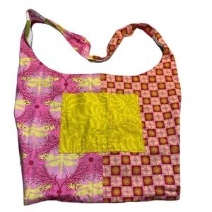 Boho Tote Patchwork Pink Yellow Red Dragonfly Patterned Bag Reversible Hobo